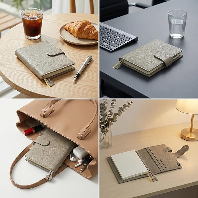 A6 Genuine Leather Techo Notebook Cover Compatible with Hobonichi Original Stalogy Midori MD with 5 Card Slots Pen Loop Bookmarks Back Pocket (Grey)