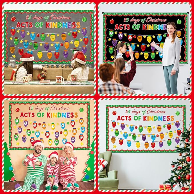 Christmas Bulletin Board Set Christmas Kindness Classroom Decoration Xmas Countdown Bulletin Board Winter Xmas Star Colorful Light Bulb Cutouts for Holiday Classroom Home School Chalkboard Wall Decor
