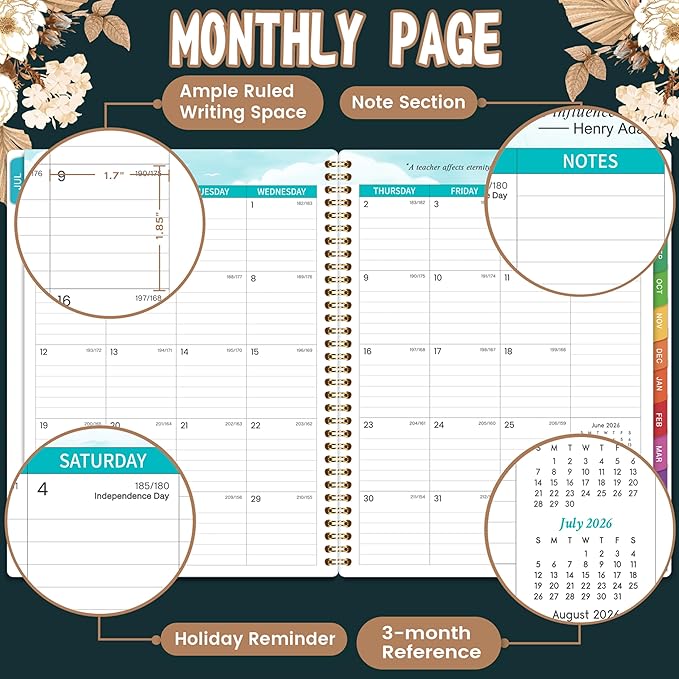 Teacher Planner 2026-2027 - 9'' x 11'', 2026-2027 Teacher Planner Academic Year, JULY 2026 - JUNE 2027, Weekly & Monthly Lesson Plan Book with Quotes, Twin-Wire Binding, Monthly Tabs, Back Pockets