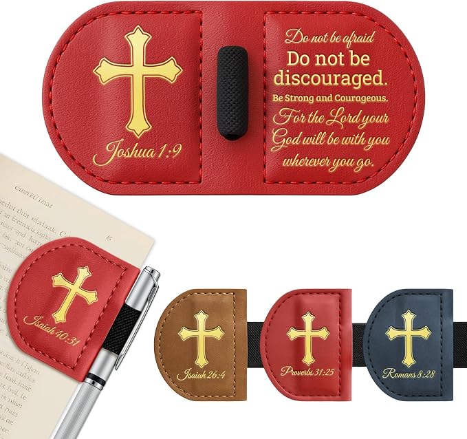 Personalized Magnetic Leather Bookmark with Pen Holder - Bygone Mark Custom Bible Verse Bookmarker,Book Marker for Men & Women,Book Lovers,Readers,Church(Red,Joshua 1:9)