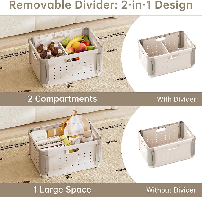 Plastic Folding Storage Baskets with Divider, 42L Collapsible Storage Crates with Handles, Stackable Heavy Duty Versatile Box Organizers for Clothes, Books, Snacks, Shoes and Grocery
