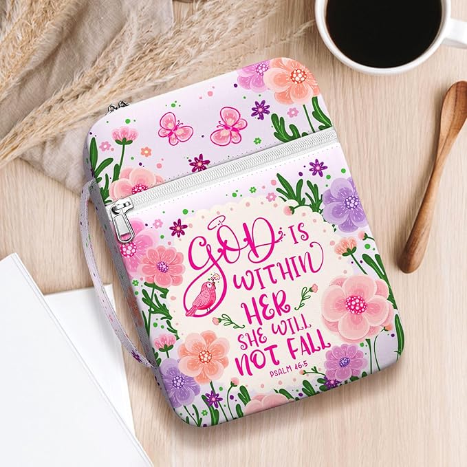 God Is Within Her Bible Cover for Women, Floral Canvas Bible Case with Handle and Zipper Pocket, Fits Standard Size, Christian Gift for Girls and Bible Study Use