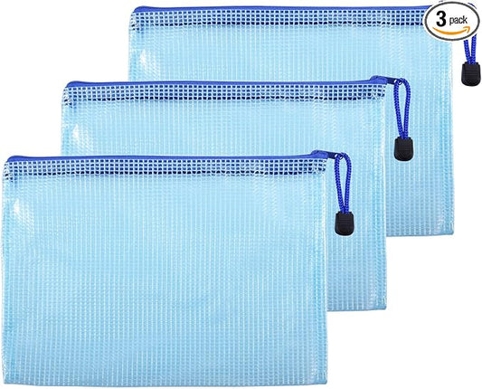 3 Pcs 9.25" x 6.69" A5 Sizes Mesh Zipper Pouch Bags, Mesh Bags with Zipper，Waterproof Clear document pouch for Organization Puzzles Travel, Office, Classroom Organization, A5 Blue
