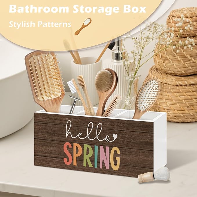 Hello Spring Decor Pen Holder Organizer, Spring Seasonal Desk Decor, Rustic Farmhouse Wooden Pen Pencil Holders for Home Room Office Garden Desk Accessories