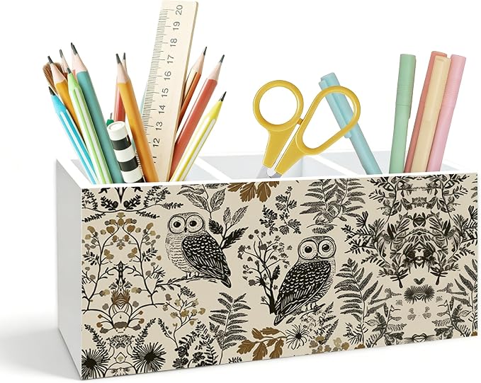 Owl Pen Holder for Desk, Owl Lover Gifts, Neutral Botanical Wildlife Bird Wooden Box Pencil Pen Holder Organizer for Home Office Desk Accessories