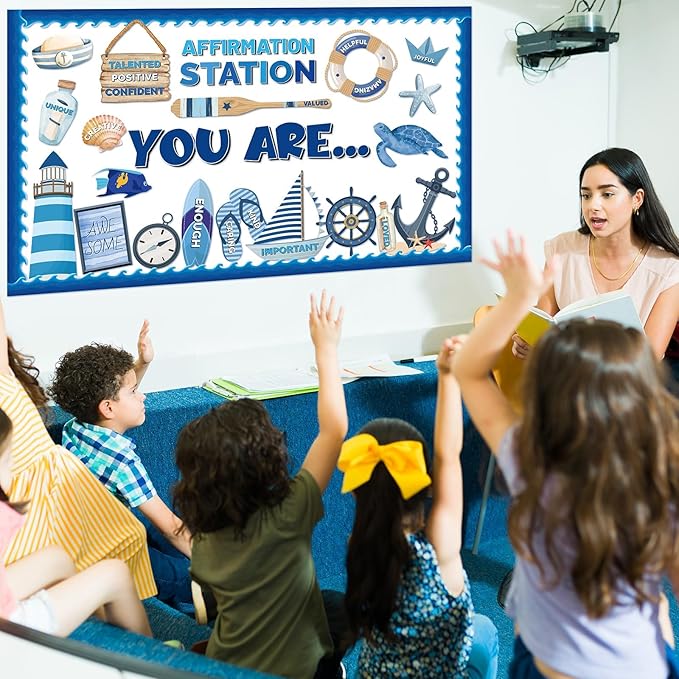 Nautical Themed Affirmation Station Bulletin Board Set Ocean Motivational Classroom Decorations Positive Sailor Paper Cutouts Under The Sea Bulletin Board Borders for School Office Wall Door Decor