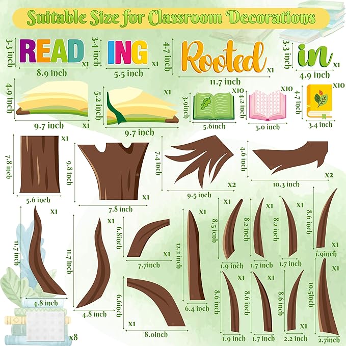 CY2SIDE Reading Tree Bulletin Board - 55PCS Rooted in Reading Tree Cutout for Bulletin Border Sets Books Name Tags Leaves Cutout Trim Border Kit Back to School Chalkboard Wall Decoration Supplies