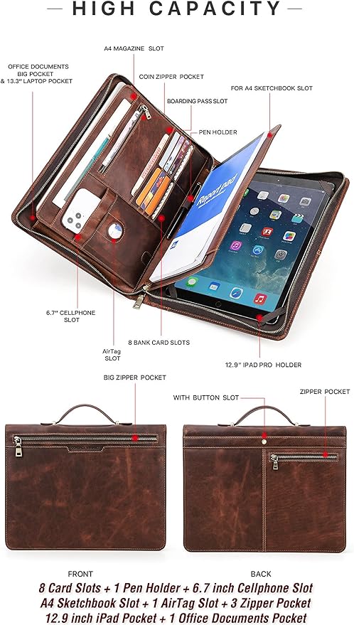 Top Grain Leather 12.9" Strap Large Portfolio, Handmade Retro Design, Large Capacity Multi-Functional Business Zip Padfolio, Holder for Cards/Tablet/Phone/AirTag/A4 Doc, Red Coffee 12.9 Inch