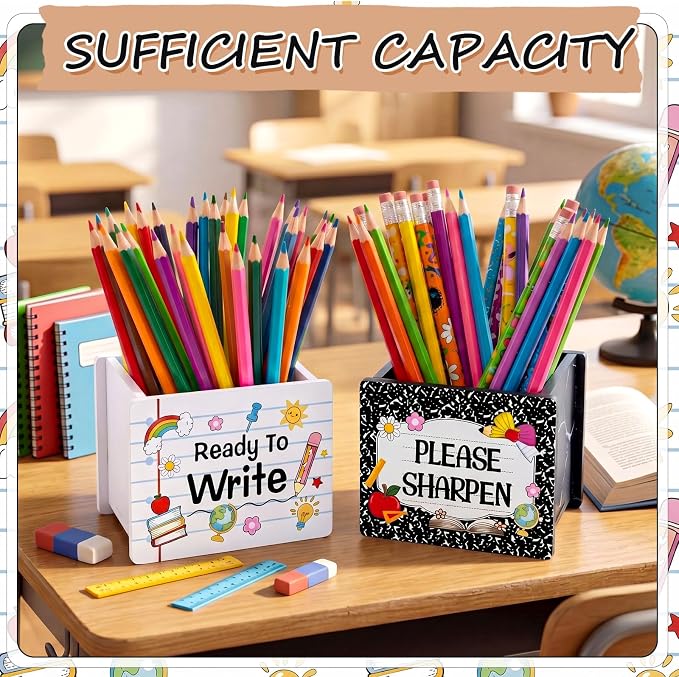 Sherr 2 Pcs Wood Pencil Holder Pencils and Sharpener Shaped Sharp and Dull Pen Holder Back to School Wooden Dispenser Storage Organizer for Classroom(Composition Book,Black and White)
