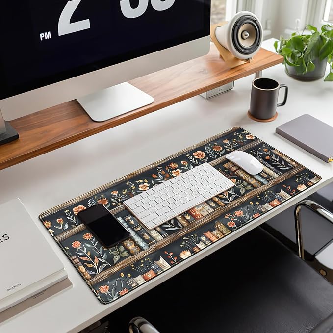 Library Desk Mat Dark Academia Large Mouse Pad Forest Book Nature Floral Gaming Mousepad XL Vintage Aesthetic Desk Pad 31.5 x 11.8 in Laptop Computer Keyboard Mouse Mat Accessories Decor