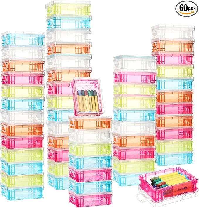 Suzile 60 Pcs Plastic Crayon Boxes with Snap Lids Clear Crayon Organizers and Storage Container, Bulk Stackable Pen Pencil Case for Art Crafts Classroom Office(Multicolor)