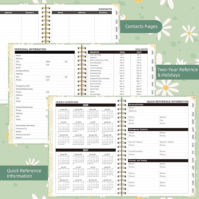 2026 Monthly Planner, Jan.2026 - Dec.2026 Weekly Monthly Planner 6.25"x8.5" with Page Tabs, Calendar Hardcover with Inner Pocket, Elastic Band, Twin-Wire Binding, Bookmark, Green Daisy
