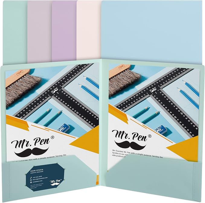 Mr. Pen- Plastic Folders with Pockets, 5 pcs, Aesthetic File Folder with Business Card Slot, 2-Pocket Folder, Back to School, Office, Filing Supplies