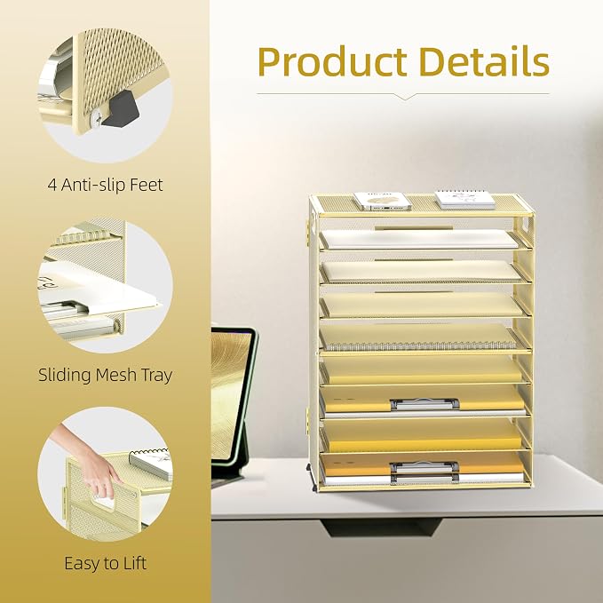 DALTACK 9-Tier Paper Organizer for Desk, Mesh Letter Tray Desk Organizer with Handles, Space-Saving File Organizer for Office Home School, Gold