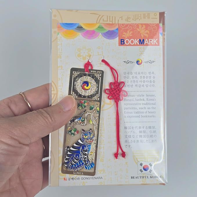 Korean Tiger Bookmark Set 3 Pack with Tassels Blue and Gold Metal Page Holder Reading Accessories for Book Lovers Cute Bible Bookmark Gift 1x3 Inch (Gold Tiger)