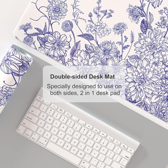 Colorful Star Large Mouse Pad, Floral Desk Mat Office Supplies, Waterproof Faux Leather Big Gaming Mousepad for Women Girls, Vintage Blue Flowers Desk Pad Home Office Décor Accessories 31.5" x 15.7"