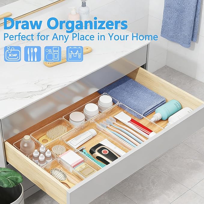Clear Drawer Organizers Set of 60, 4-Size Vanity Organizer Trays, Stackable Bathroom & Desk Drawer Organizer for Makeup, Jewelry, Kitchen Utensils, Office Supplies and Small Gadgets Storage