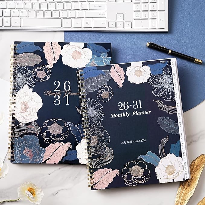 2026-2031 Monthly Planner/Calendar - 5 Year Monthly Planner, July 2026 - June 2031, 9" x 11", 5 Year Calendar 2026-2031 Monthly Planners with Tabs, Notes Pages - Engraved Floral