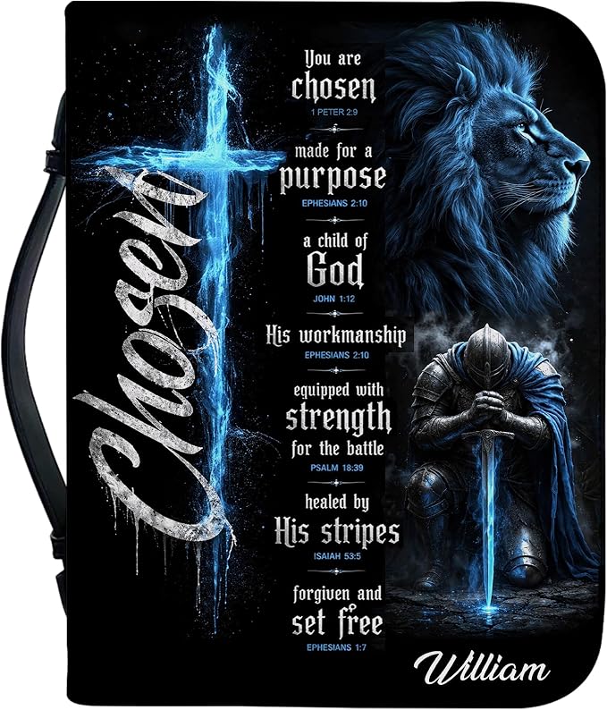 Personalized Man of God Bible Cover for Men, Christian PU Leather Bible Case with Handle Zipper, God Says I Am Warrior Scripture Bible Holder, Religious Gift for Men (Warrior Choosen)
