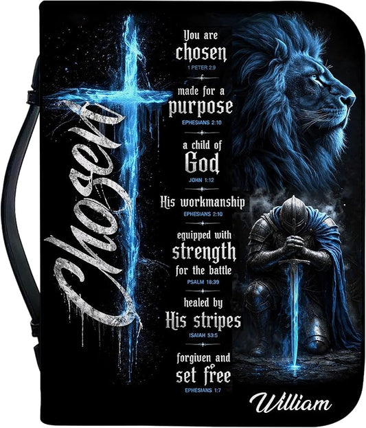 Personalized Man of God Bible Cover for Men, Christian PU Leather Bible Case with Handle Zipper, God Says I Am Warrior Scripture Bible Holder, Religious Gift for Men (Warrior Choosen)