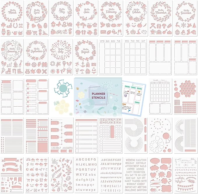 GYGOT 36 PCS Planner Stencils,Plastic Bullet Journals Stencils Journaling Supplies Bujo Accessories for A5 Dotted Journals,Incl. Ultimate Productivity/Seasonal Themes/Calendar Stencil