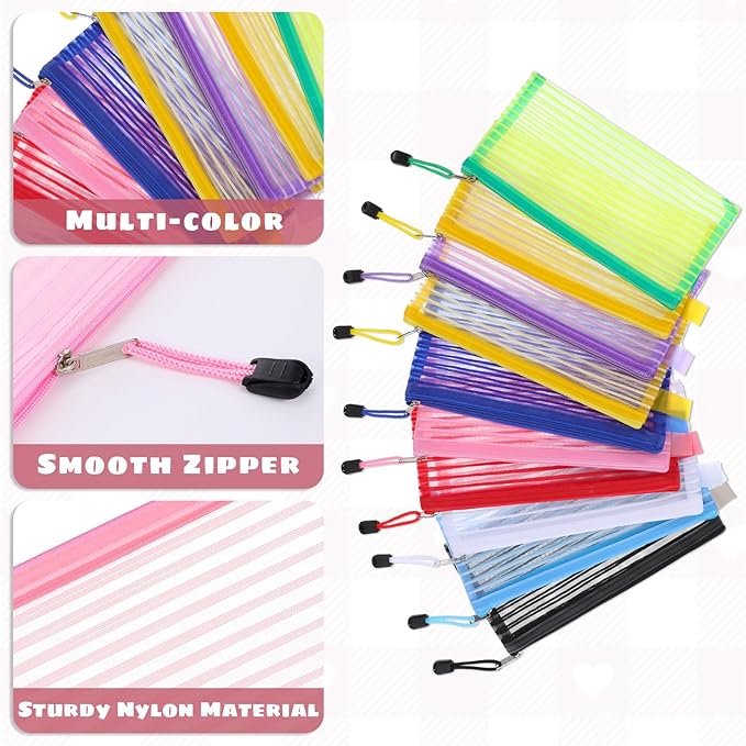 AHQiZFX 80 Pack Mesh Zipper Pouch, 10 Colors Waterproof File Bags Document Reusable Zipper Pouches Multipurpose Travel Bags for Storage Organizing, Office, School, Makeup, Board Games, Home Supplies