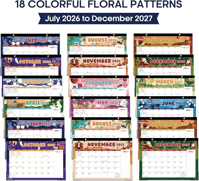 Desk Calendar 2026-2027, 18-Month Calendar Runs from July 2026 to December 2027, Large 17" x 12" Monthly Desktop & Wall Calendar for Home & Office - Watercolor Festival