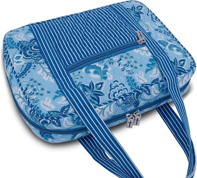 DIWI Quilted Cotton Bible Cover Bible Tote Book Bag Extra Large Sizes 11.25 X 8.25 X 2.75 Inches (XL, C2 Blue Memory)