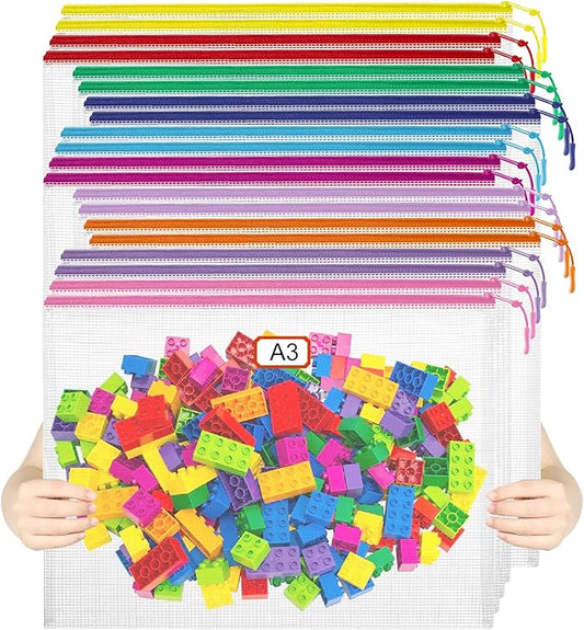 YOPCDJ 20pcs Mesh Zipper Pouch Bags Puzzle Storage Bags, A3 17x12 Inches Large Reusable Clear Zipper Pouches for Travel and Classroom Board Game Organization