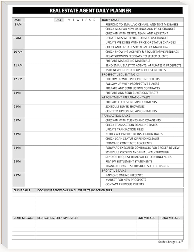 Agent Daily Planner Notepad – Real Estate Daily Task, Call & Mileage Log (8.5 × 11)
