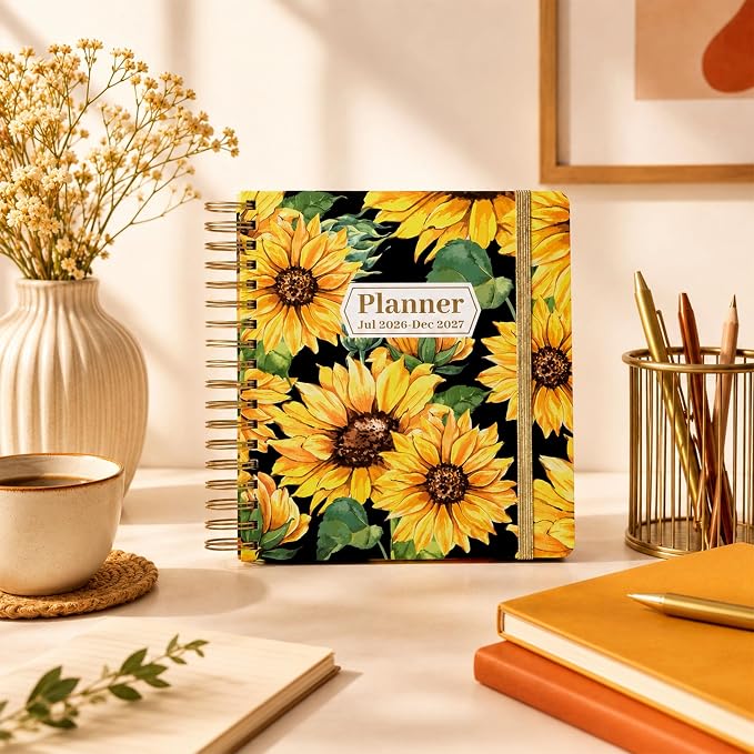 CAGIE Planner 2026-2027 18 Month July 2026-Dec 2027 Weekly and Monthly Calendar Planners Yearly Daily Hardcover 26-27 Planner for Women with Stickers Tabs Spiral Bound Agenda, Sunflower, 8.3"x9.1