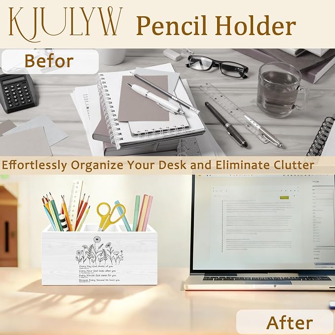 Christian Wildflower Pen Holder for Desk, Christian Gifts for Women Faith, Inspirational Bible Verse Wooden Box Pencil Pen Holder Organizer for Home Office Desk Accessories