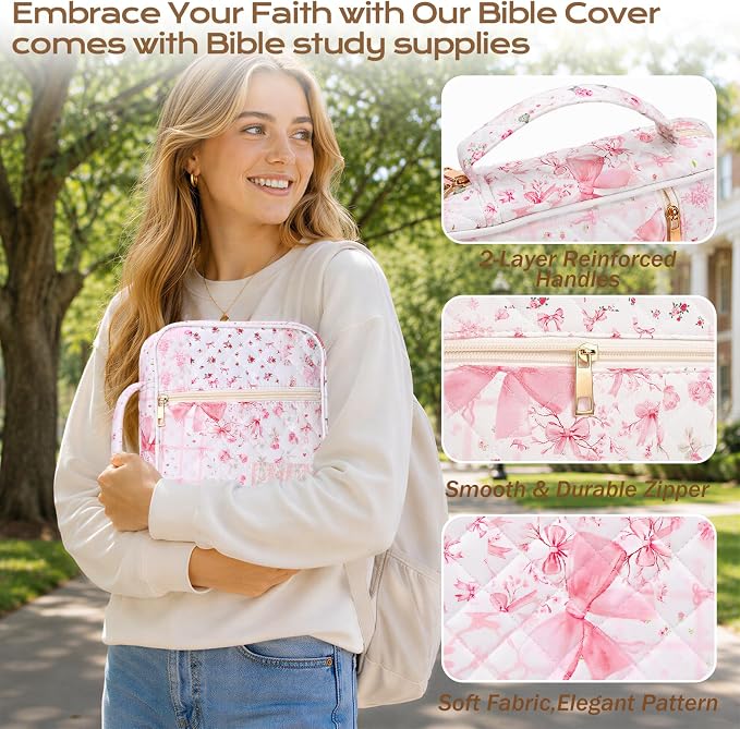 XKDOUS Bible Cover for Women Church Book Holder Quilted Carrying Case with Handle, Tabs, Study Supplies Portable Bible Bag Journaling Kit Christian Gifts for Mom Lady