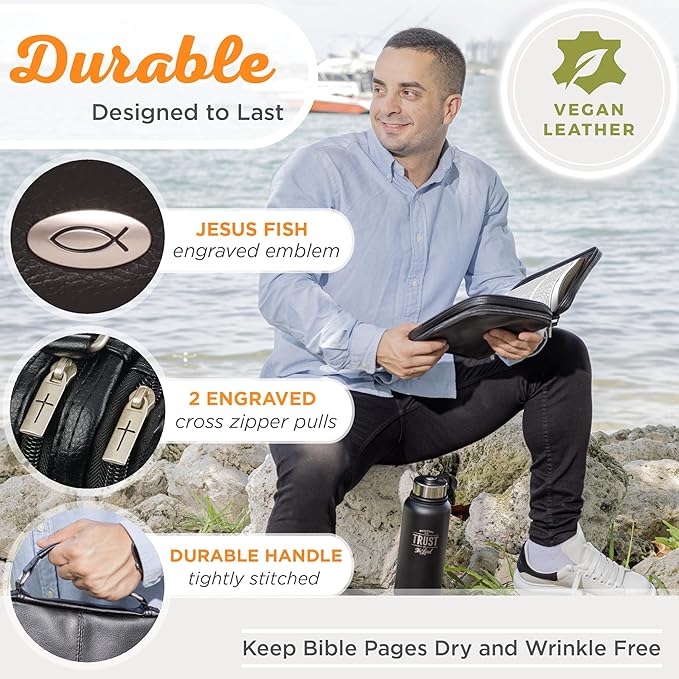 Christian Art Gifts Faux Leather Bible Cover for Men and Women | Ichthus Jesus Fish Emblem Zippered Two-Fold Organizer Case for Bible or Book w/Handle
