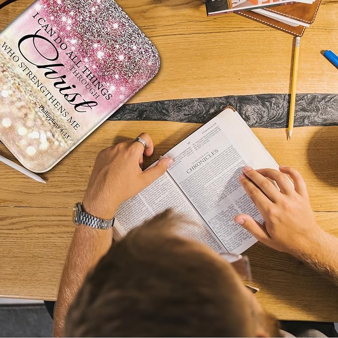 Bible Cover Case for Women Men,Large Leather Bible Case Fit Book Up to 11x8x2 Inch,I can do All Things Through Christ Bible Covers Bible Study Carrier Church Bags w/Handle Zipper