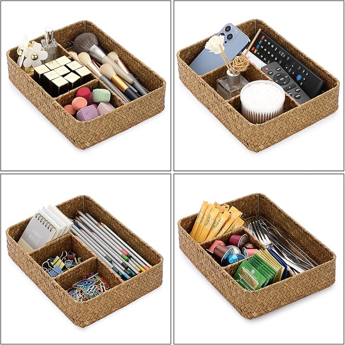 BTSKY Desk Drawer Organizer Tray, Coffee Station Organizer Tea Bag Organizer, Woven Seagrass Storage Basket with 4 Divided Sections Handwoven Wicker Storage Basket for Shelves, Pantry, Coffee Bar