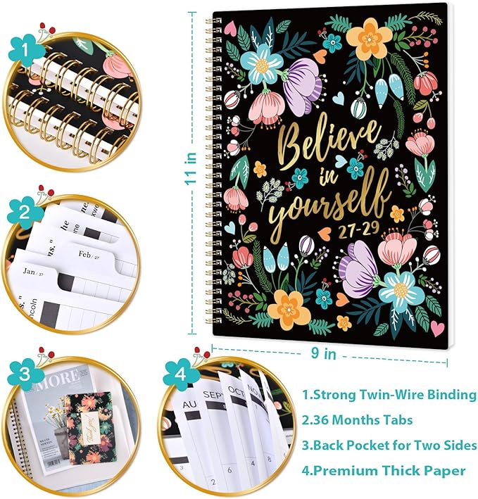 Monthly Planner 2027-2029 - 3 Year Planner 2027-2029, Jan. 2027 - Dec. 2029, 9" X 11", 3 Year Calendar 2027-2028-2029 Monthly Planner with 36-Month Tabs, Inner Pocket