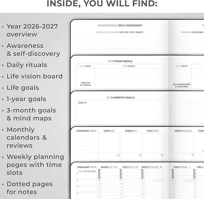 Clever Fox Dated Hourly Weekly Planner 2026 – Daily, Monthly & Yearly Agenda Organizer with Time Slots – Hardcover Journal, A5 Size (Black)