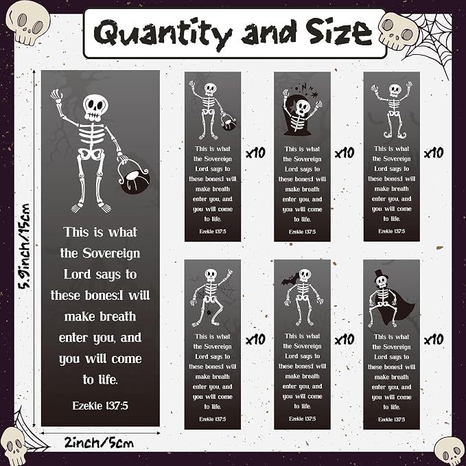 TICIAGA Halloween Skeleton Bookmarks - 60Pcs Halloween Skull Bookmarks for Women, Double Sided Book Tracker Skeleton Page Marker for Book Lovers, Skull Christian Church Giveaways for Sunday School