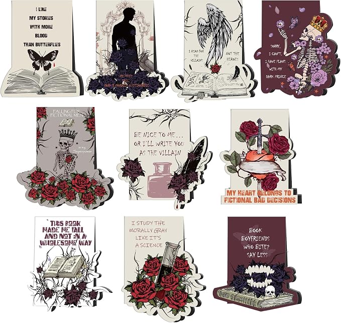 Dark Romance Magnetic Bookmarks for Women - Wxiben 10 Pcs Gothic Flower Skull Magnet Book Page Markers Funny Rose Skeleton Bookmark Clips Gifts for Men Book Lovers Romance Reader Office Supplies