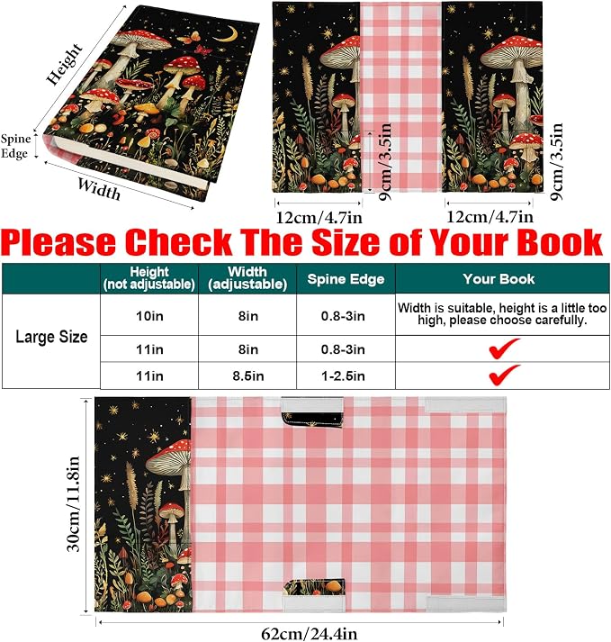 Book Cover Protector for Paperback,Adjustable Soft Canvas Fabric Book Cover with Pocket Bookmark,Double Side Print Book Dust Jacket Covers for Hardcover Book Lovers Gift Mushroom L