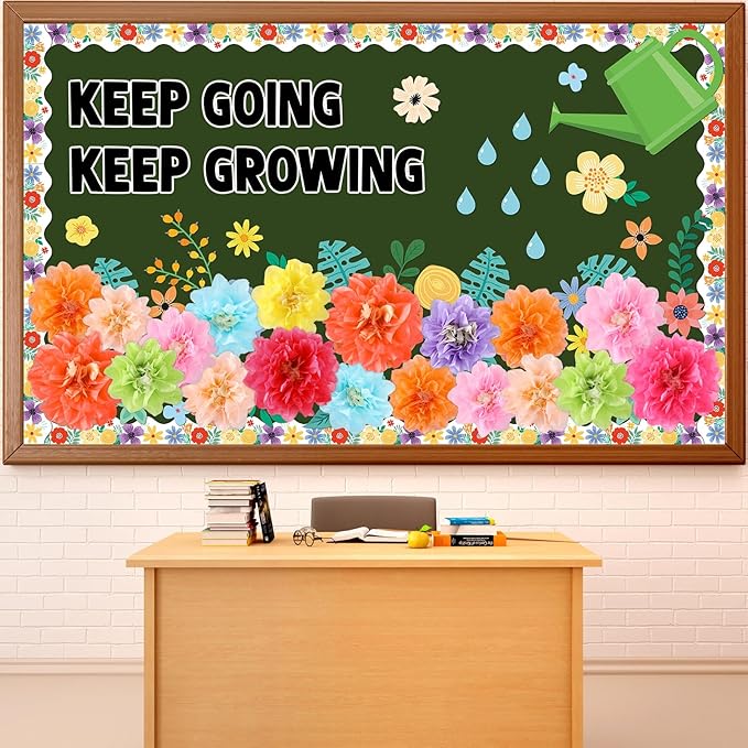 3D Summer Wildflowers Bulletin Board Set Keep Going Keep Growing Bulletin Board Paper Flowers Classroom Decorations Floral Blackboard Border Sunflower Cutout for Back to School Classroom Wall Decor