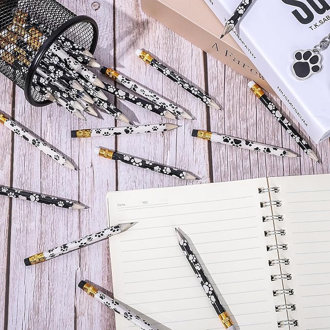 Whaline 48Pcs Dog Paw Short Pencils with Erasers White Black Paw Print Writing Pencil Cute Wood Pencils for Classroom Prize Student Rewards Baby Shower Party Supplies Stationery Gift Set