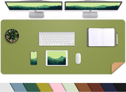 AFIING Leather Desk Pad Protector, Large Desk Mat with Natural Cork & PU Leather, Mouse Pad, Non-Slip, Waterproof Desk Writing Pad for Office and Home (Olive Green)