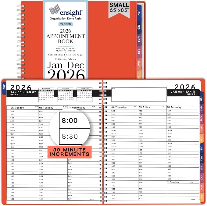 Ensight 2026 Appointment Book and Planner 6.5" x 8.5" Large Hourly Weekly Daily Schedule Book with Tabs, 30 Minute Time Slots, Peach Calendar Organizer Jan 2026–Dec 2026 Appointment Planner - Peach