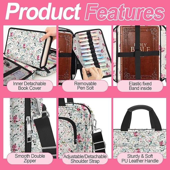 Pink Floral Bible Cover Case for Women, Cute Flower Large Bible Bag Book Carrying Bag with Strap Handle Zipper Pockets, Pens and Highlighters Cross Clips for Bible Study & Church