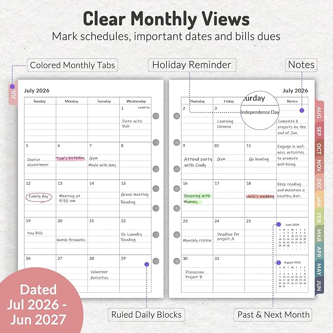 2026 Weekly & Monthly Planner Refills for A5 7-Ring Binders, July 2026 - Jun 2027, Forvencer 7-Hole Punched Planner Inserts with Colorful Monthly Tabs, Small Calendar Organizers, 5-1/2" x 8-1/2"