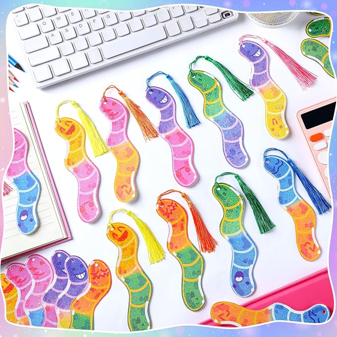 Ctosree 100 Pack Worm Bookmarks Bulk 50 Pcs Holographic Glitter Gummy Bookworm Bookmark and 50 Pcs Tassel for Book Lovers Bookworm Fun Book Marks for Reading Adults Funny Gift Party Favor