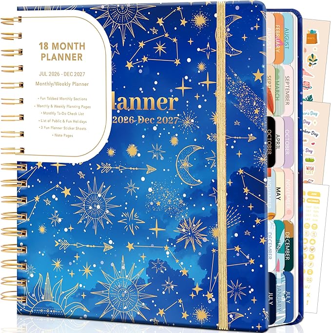 CAGIE Planner 2026-2027 18 Month July 2026-Dec 2027 Weekly and Monthly Calendar Planners Yearly Daily Hardcover 26-27 Planner for Women with Stickers Tabs Spiral Bound Agenda, Blue, 8.3"x9.1