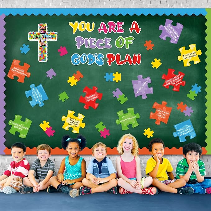 67 Pieces Christian Bulletin Board Religious Gods Plan Sunday School Decorations Bible Verse Holiday Cutouts for Classroom Sunday Puzzle Decor for School for Door Wall Decor Supplies